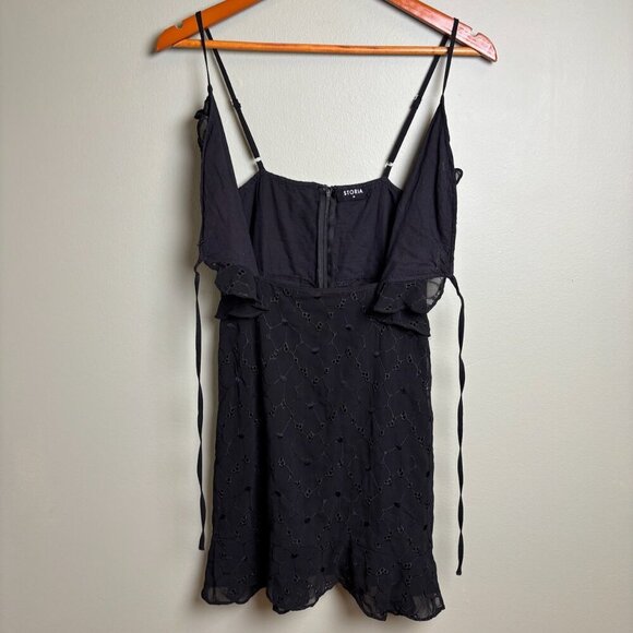 Storia Babydoll Black Dress Lined Sz M Eyelet Spaghetti Strap Cutouts Flirty Y2K - Picture 8 of 13